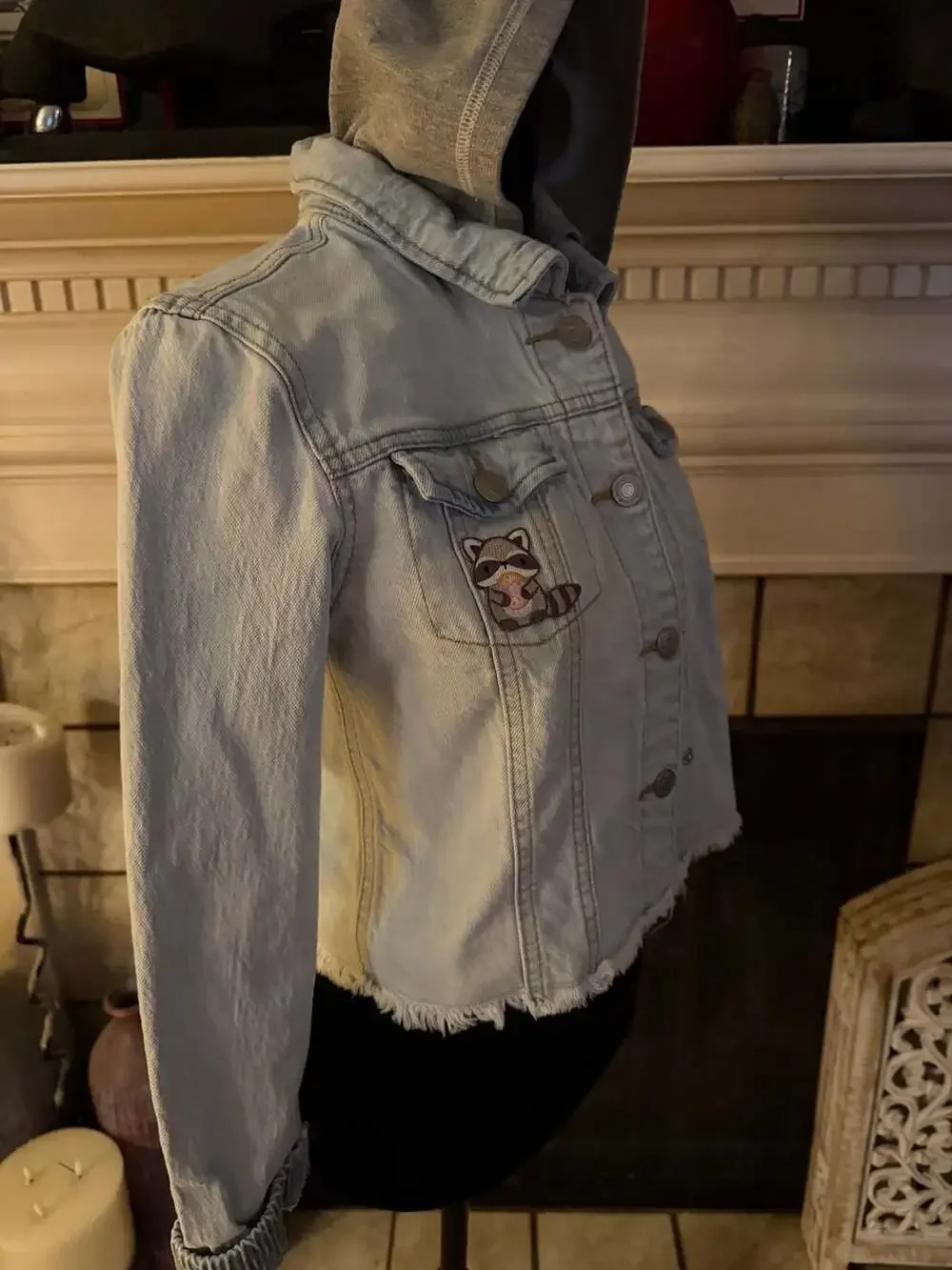 Cat & Jack Girls Light Wash Denim Jacket with Hood and Raccoon Graphic Patch
